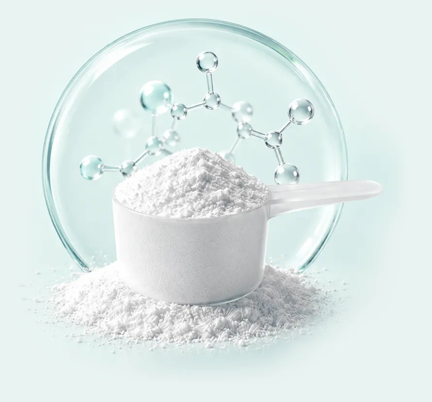Creatine molecule and scoop of creatine powder
